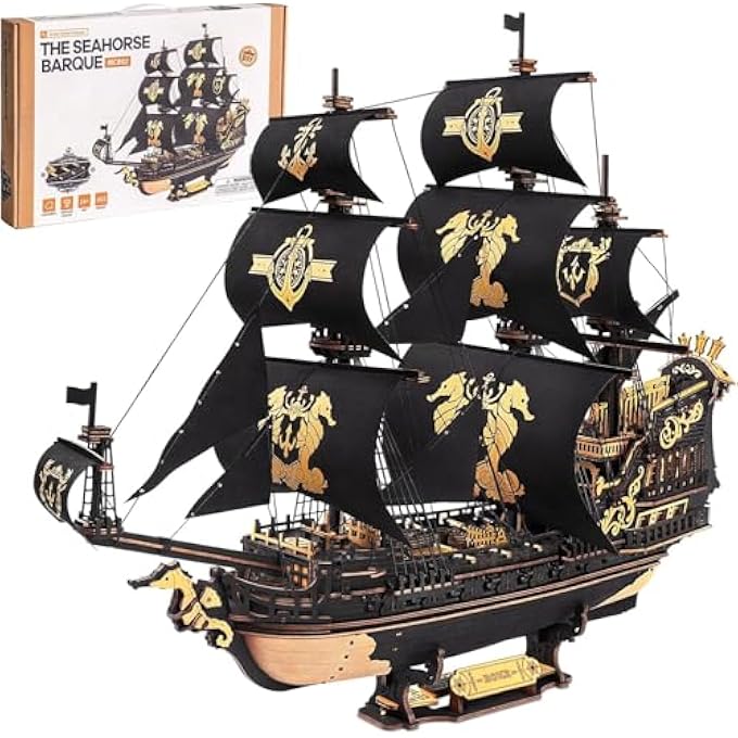 SEAHORSE 3D WOODEN PUZZLES FOR ADULTS, BLACK SAILBOAT MODEL KITS FOR BOYS AND MEN, HOME OFFICE DECOR GIFTS PIRATE SHIP BUILDING (603 PCS) - Image 1